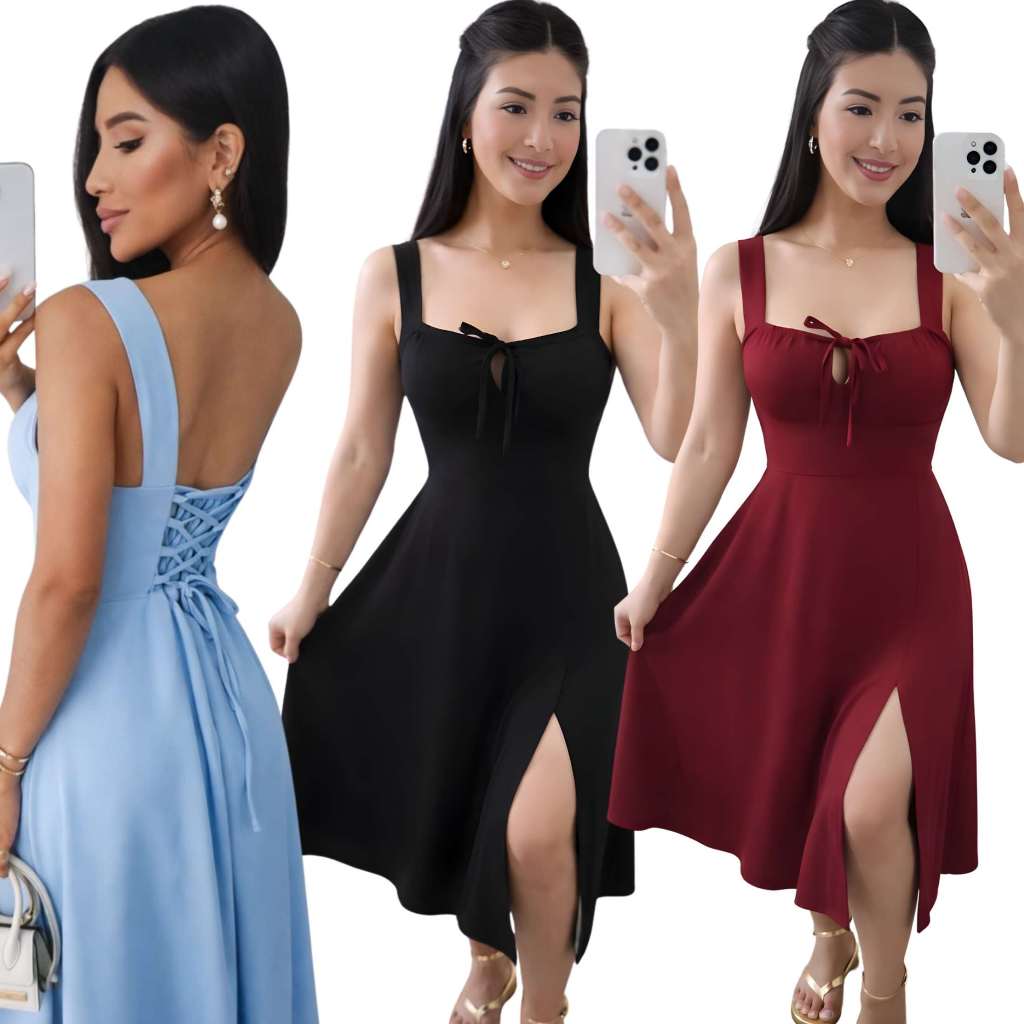 Vestido Medi feminino romântico Camponesa Feminino Liso Tecido Duna Elegante Confortável em Oferta na Shopee