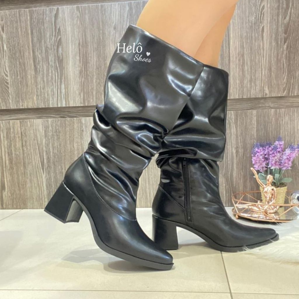 Bota Feminina Cano Médio Enrugado Slouch Bico Fino Salto Bloco Confortável Elegante Festa Plissado Zíper.