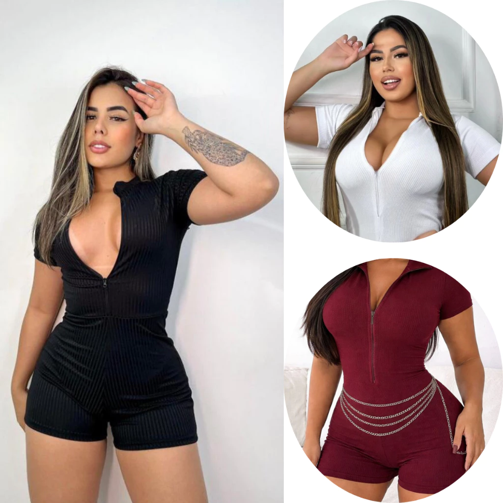 Macaquinho Macacão Feminino 3D Premium Canelado Anarruga Ziper Virginia Moda Gringa Fitness — imagem 1