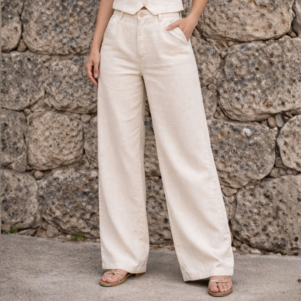 Calça Linho Wide Leg Feminina Cintura Alta Pantalona Alfaiataria Confortável Elegante