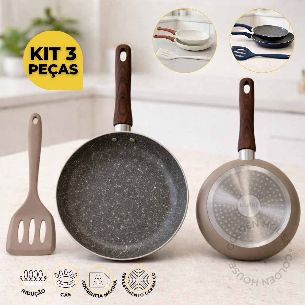 Kit 2 Frigideiras e Espátula de Silicone Indução Cerâmica Antiaderente - 20cm e 24cm