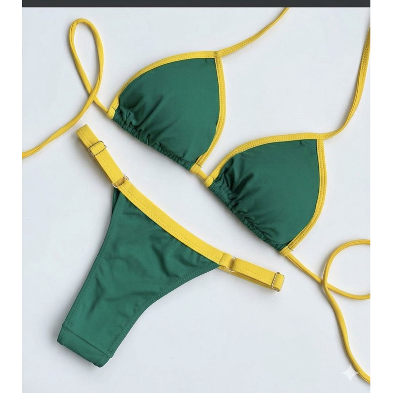 biquíni Brasil fita cortininha bicolor fio dental copa bronze