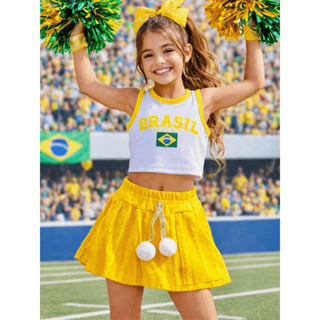 Conjunto Infantil Brasil Torcedora Regata + Short Saia Moda Menina Copa em Oferta na Shopee