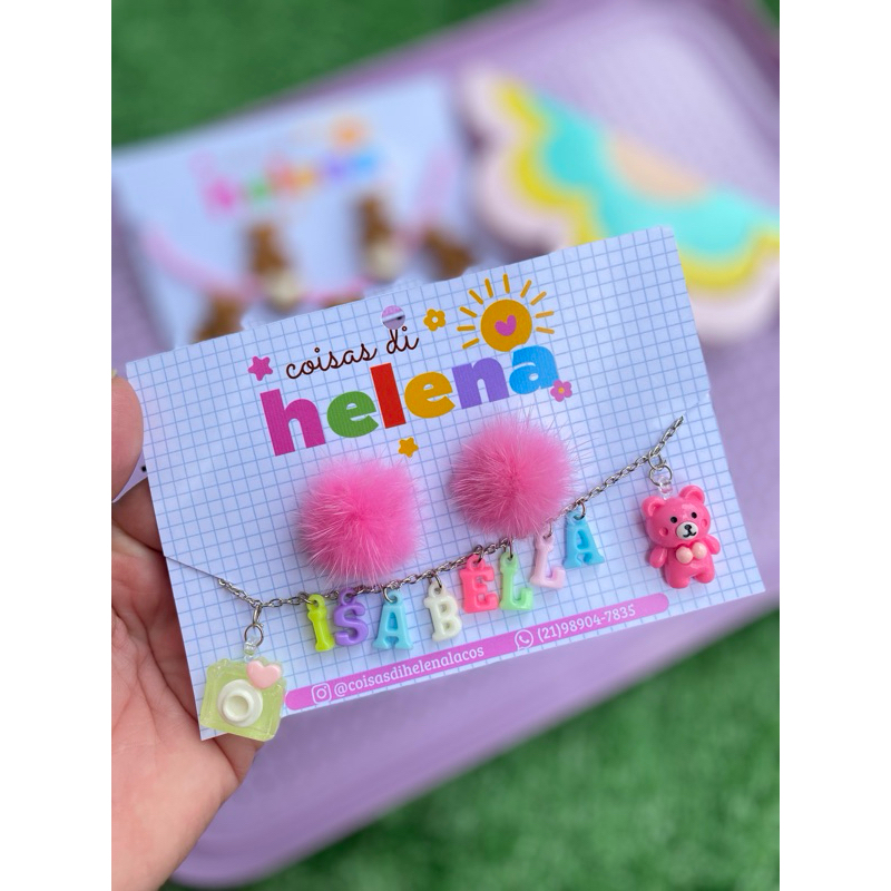 kit cordão com nome  e brinco de Pompom(enviar o nome pelo chat na mesma hora que finalizar a compra)