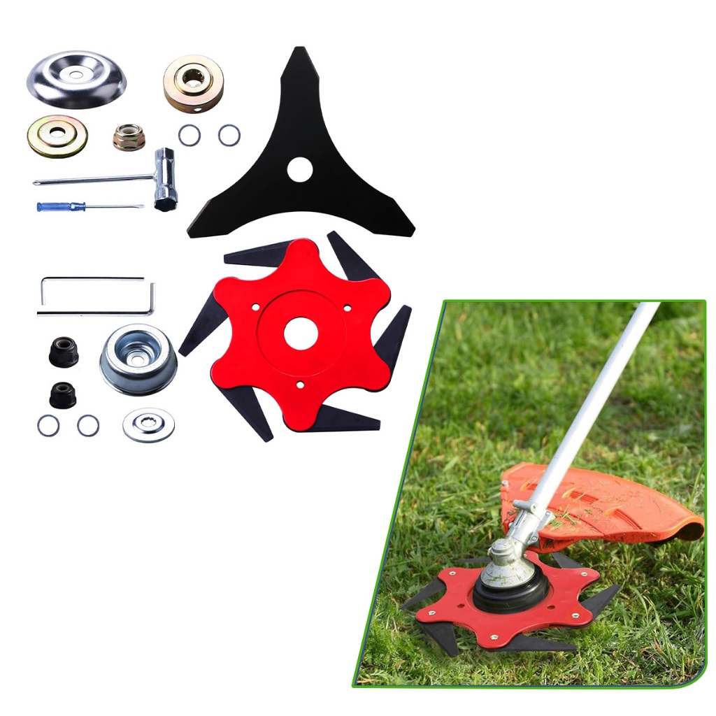 Kit Disco Lâmina Para Roçadeira 3 em 1 3 Pontas e 6 Folhas Aço 65Mn Furo 25,4mm