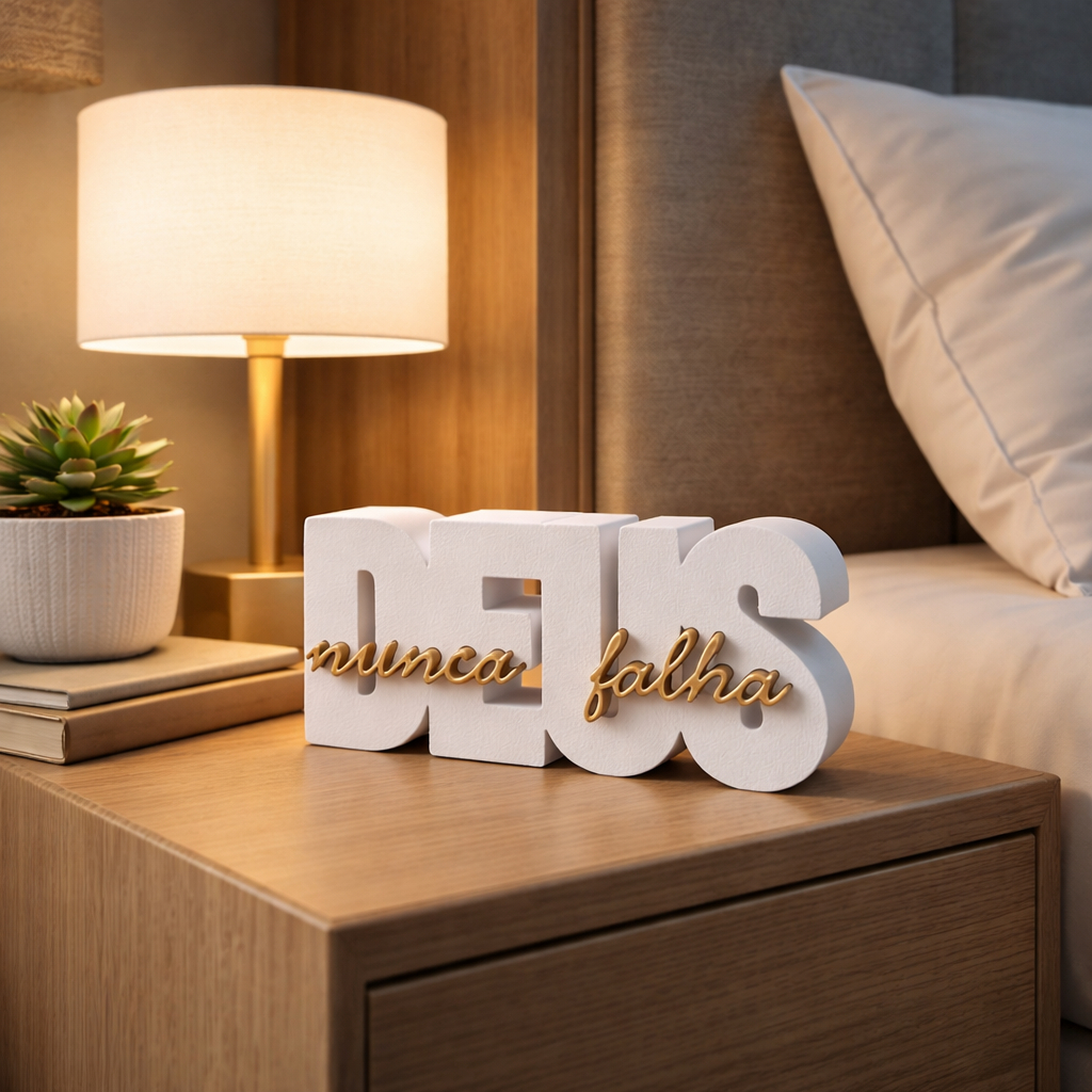 Placa Frase Decorativa Deus Nunca Falha Religioso Moderno Mesa Quarto Escritório Presente Criativo