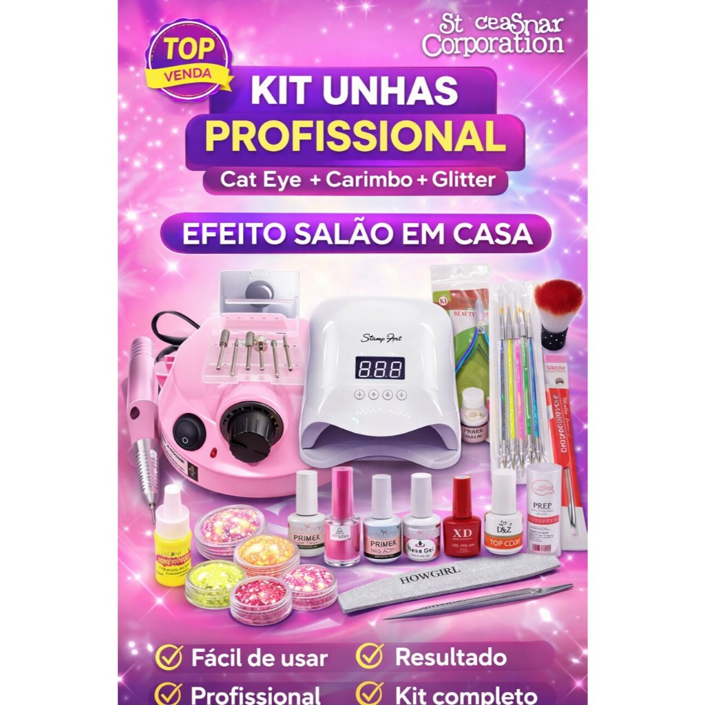 Kit Unhas Profissional Completo Cabine UV LED Lixadeira Elétrica Gel Nail Art