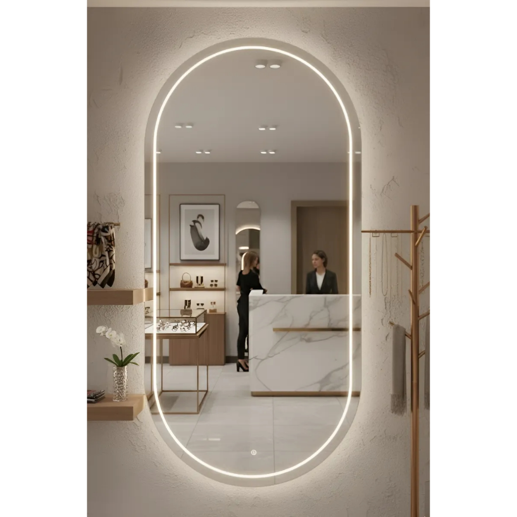 Espelho Oval Premium Jateado Vários Tamanhos com 3 Cores LED Touch Lapidado Decorativo Luxo