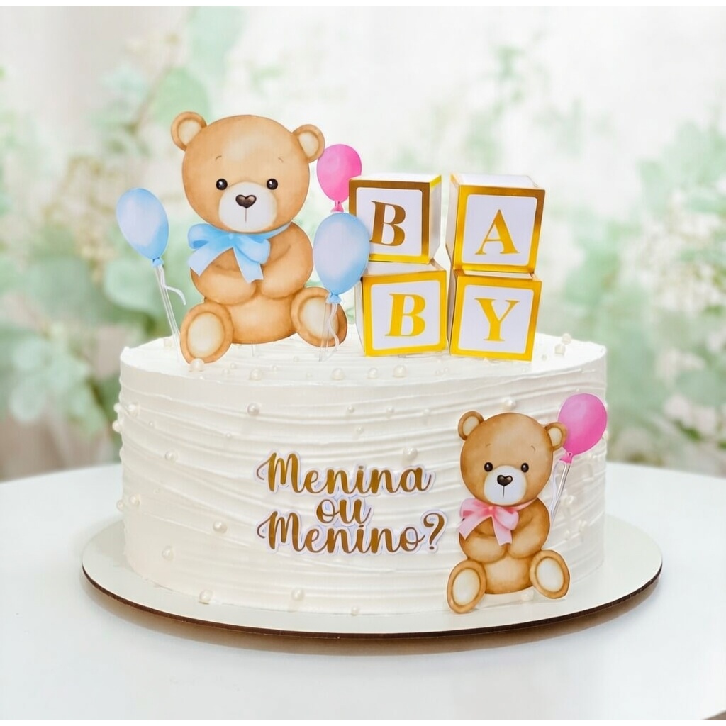 Topo de Bolo Chá Revelação Ursinhos Menino ou Menina Decoração Personalizada Candy Color Luxo
