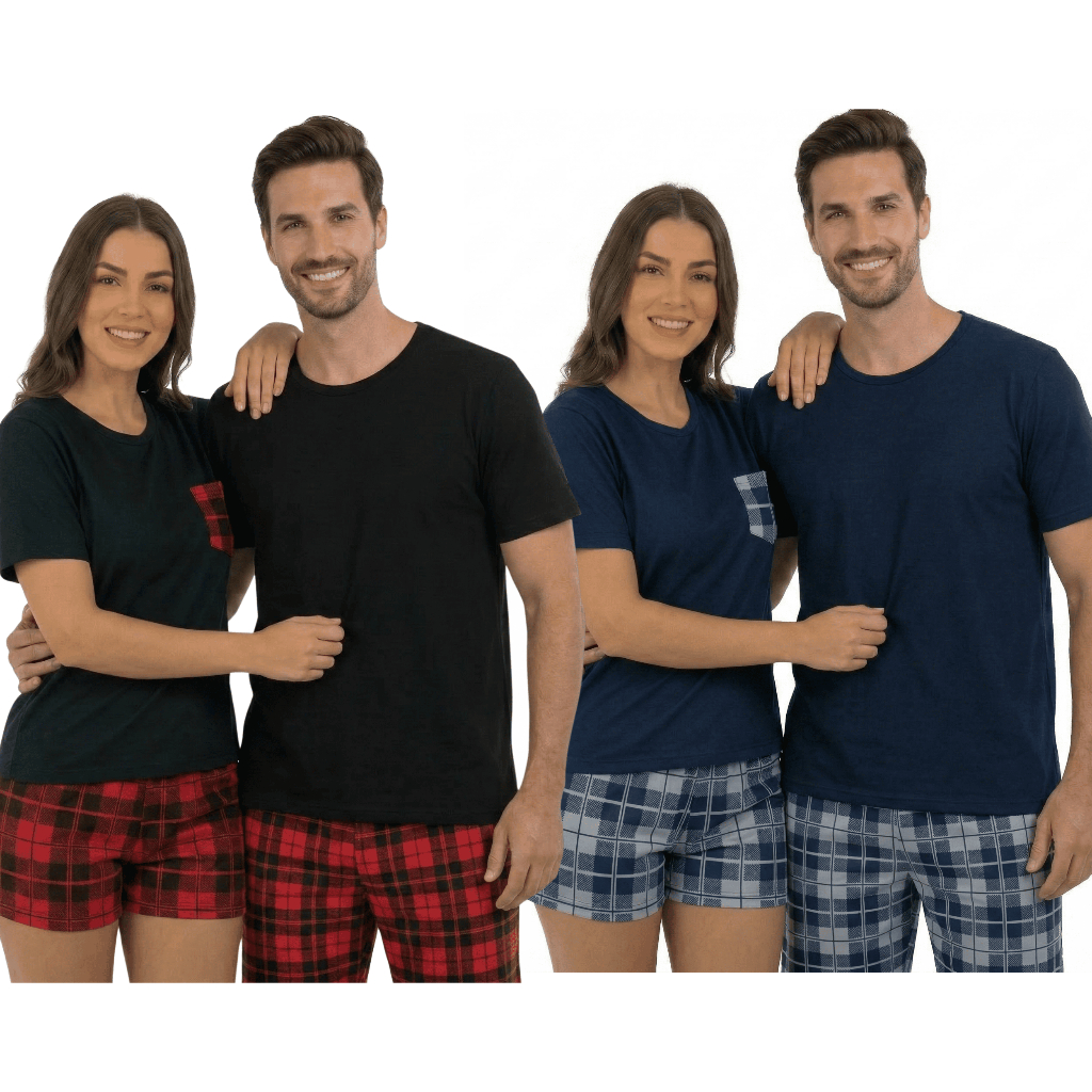 Pijama Casal Xadrez Conjunto Feminino e Masculino Curto Verão Confortável Namorados