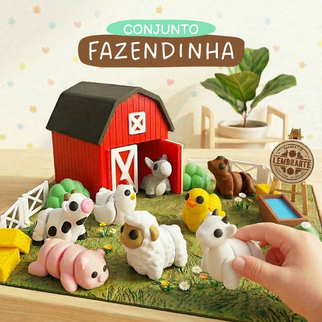 Kit 18 Peças Fazendinha Animais Articulados 3D Brinquedo Sensorial Atóxico Celeiro Acessórios Acabamento Premium