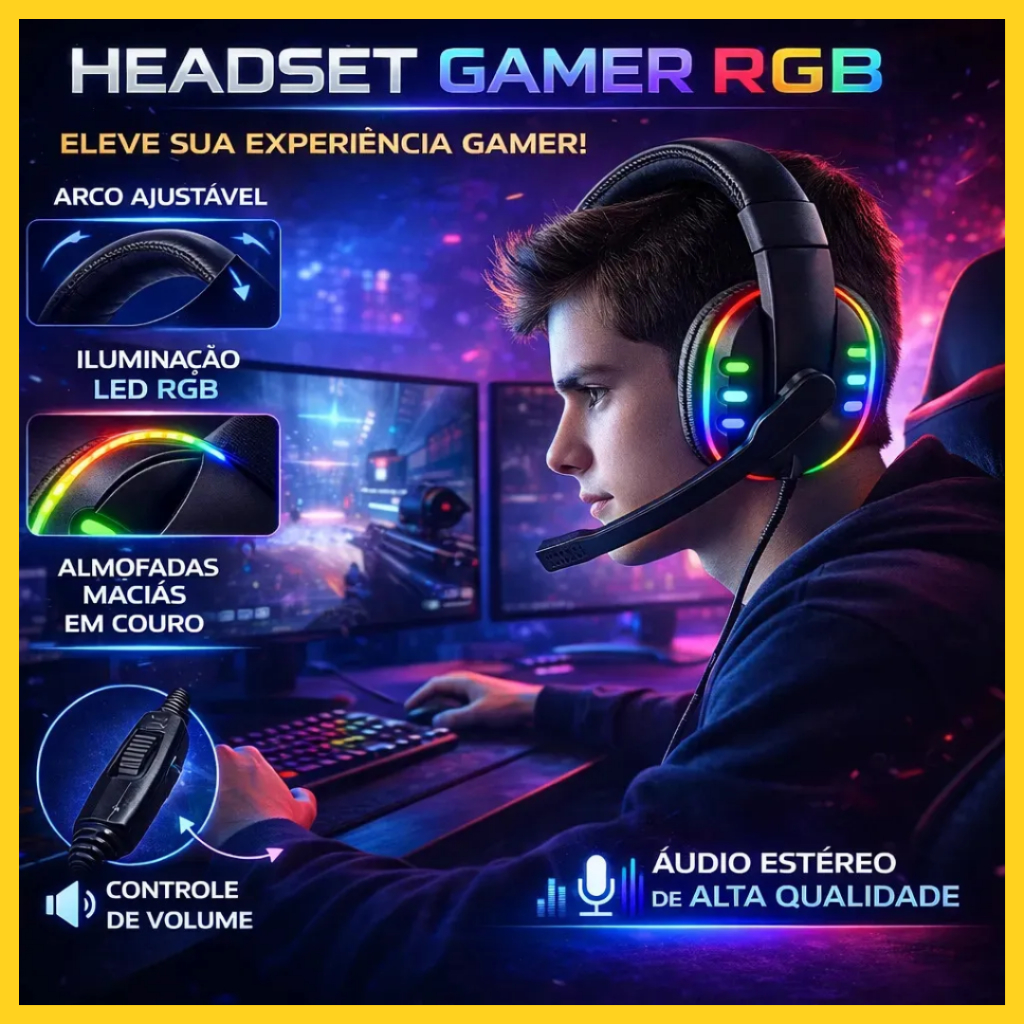 Detalhes do Fone de Ouvido Gamer Headset Rgb Com Microfone Compatível Com Ps4 Ps5 Pc Xbox Computador Notebook Cor Preto