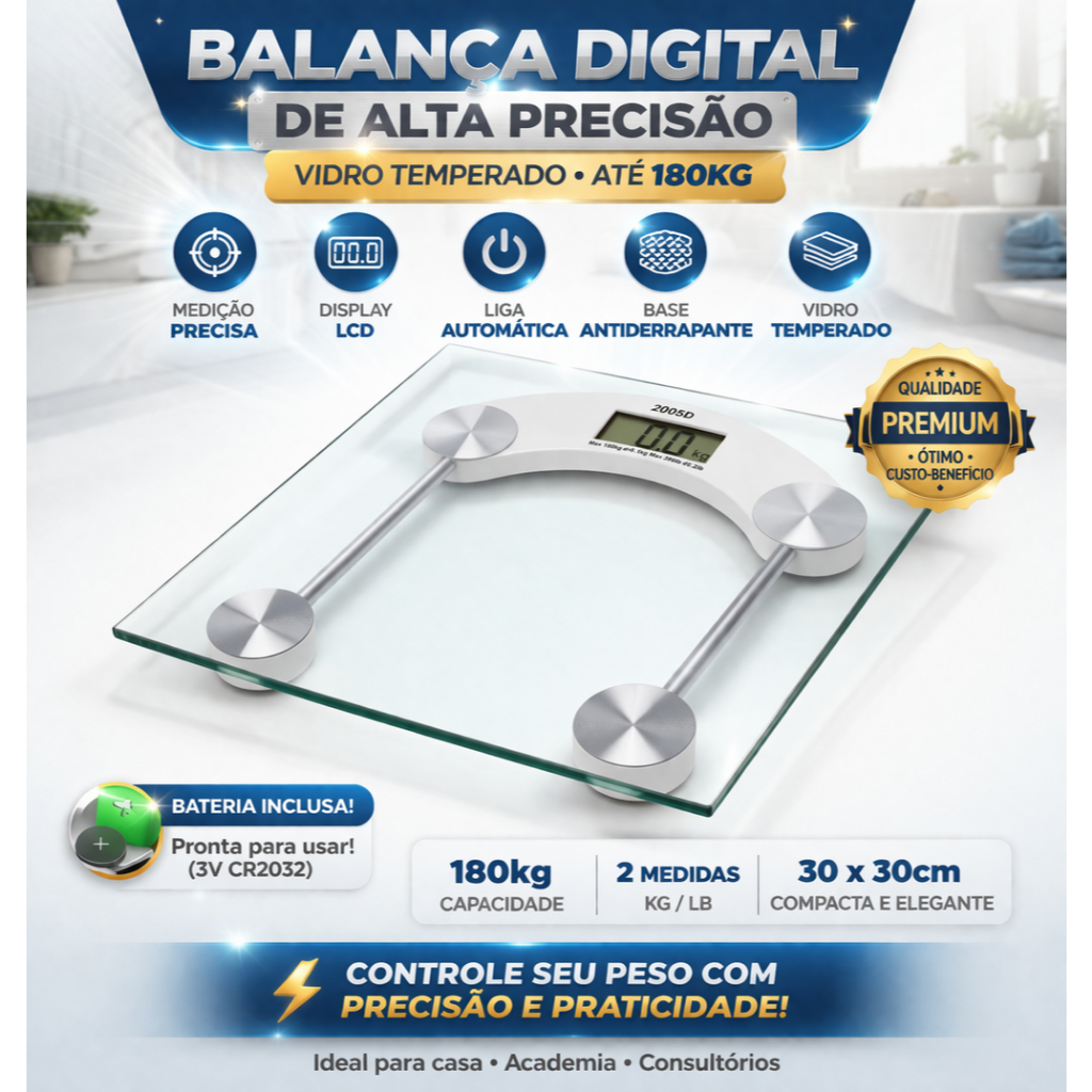 Balança Digital 180kg Vidro Temperado Alta Precisão LCD Banheiro Academia