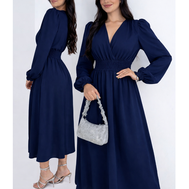 Vestido Midi Manga Longa Cintura e Punho em Lastex Elegante Moda Evangélica