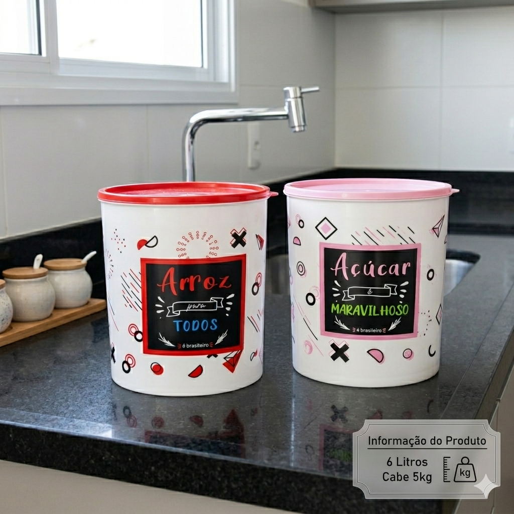 Jogo 2 Potes Plástico 6 Litros 5kg Estampado Arroz e Açúcar  Linha Color Pedreira Utilidades