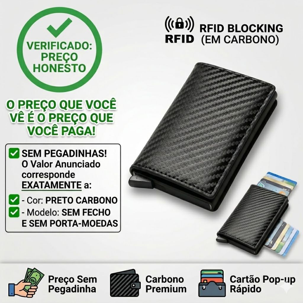 Carteira Masculina Ejetora Slim Fibra Carbono Pop-up RFID Antifurto Porta Cartão Cartôes Ultrafina