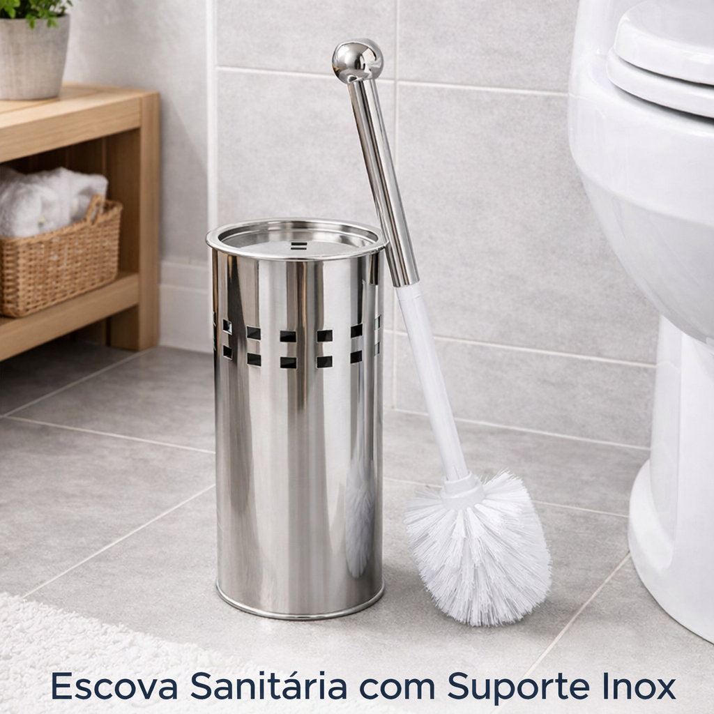 Kit Escova Sanitária com Suporte Aço Inox Limpeza Banheiro Vaso Sanitário Higiene Casa