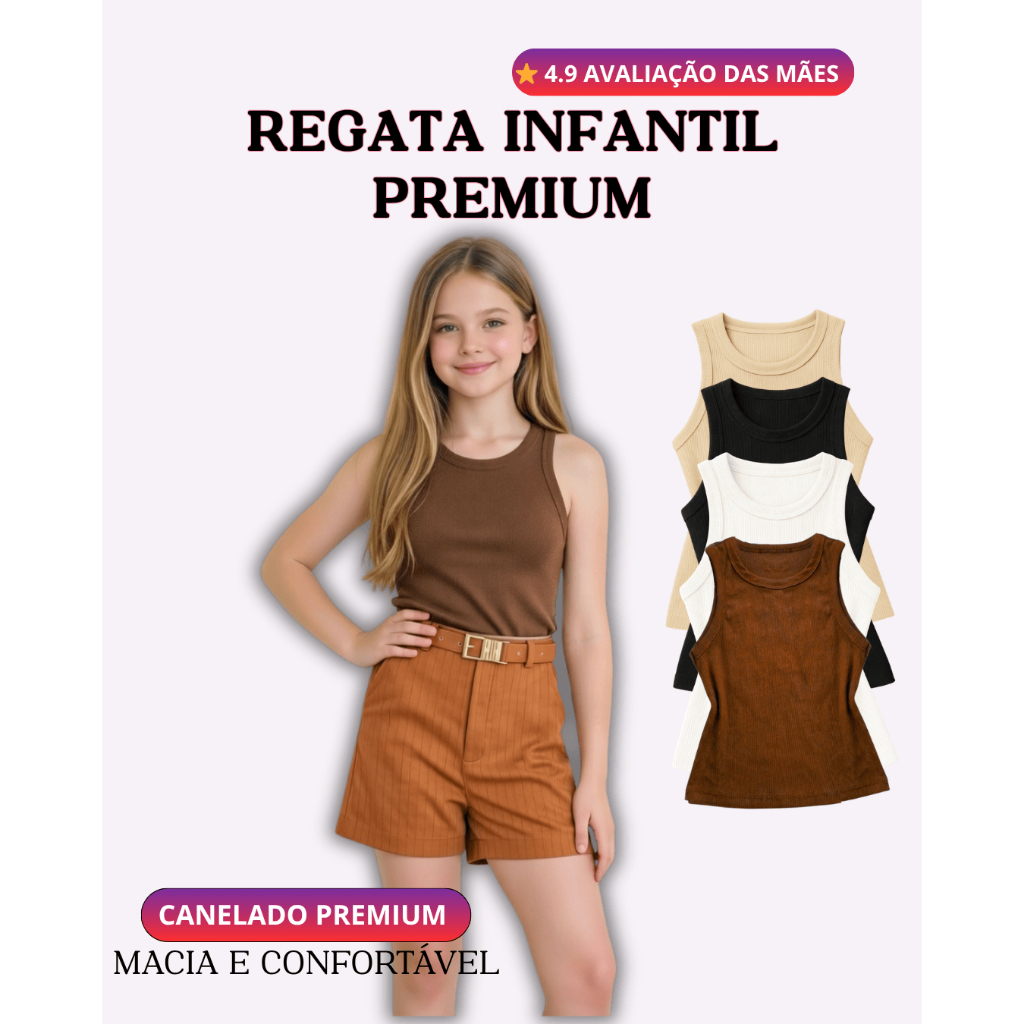 Regata Infantil Canelada Premium Feminina | Macia e Confortável | 8 a 16 em Oferta na Shopee