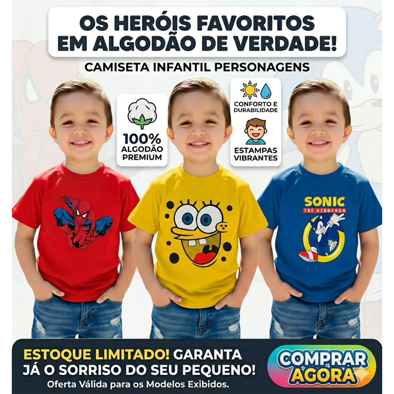 Camiseta Masculina Infantil Personagem Super Heróis Manga Curta 100% Algodão em Oferta na Shopee