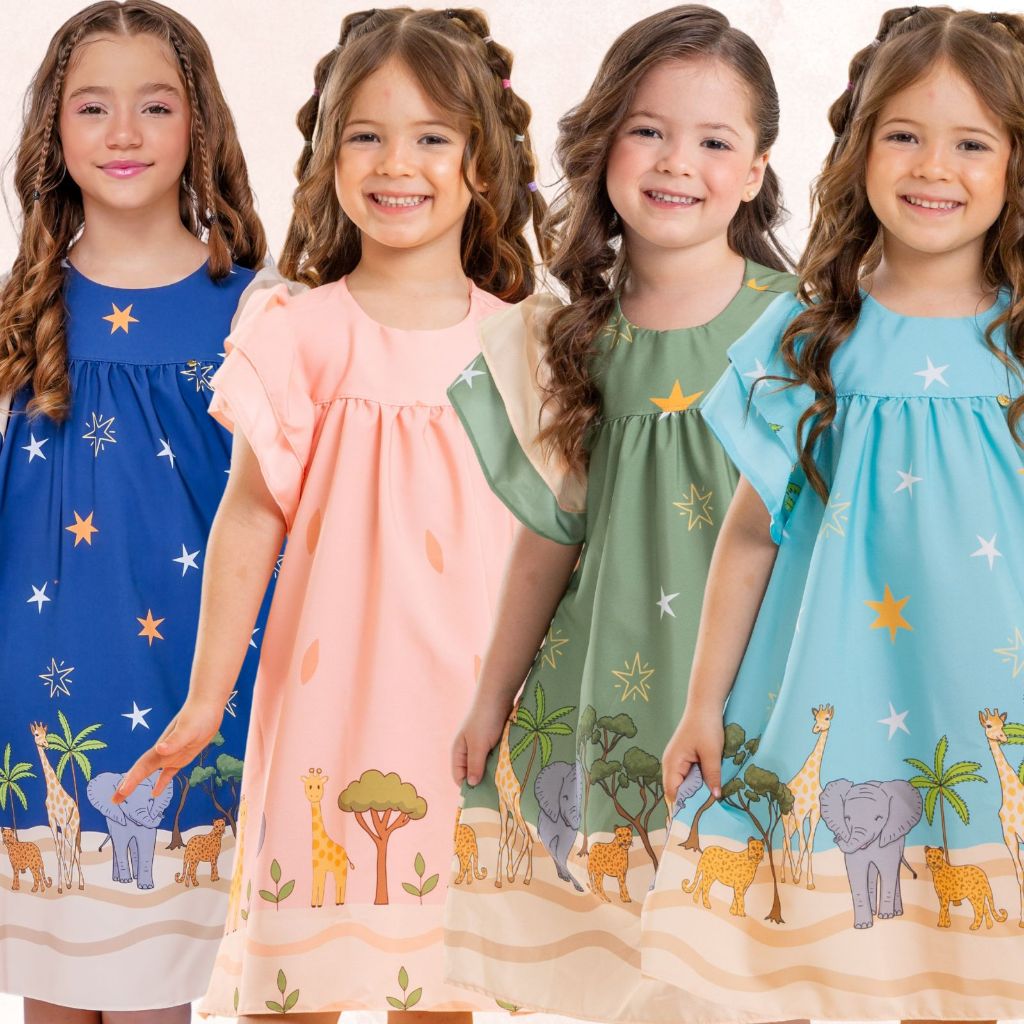 Vestido Infantil Estampado Colorido Menina Dia das Crianças De Manguinha Blogueirinha Tiktok