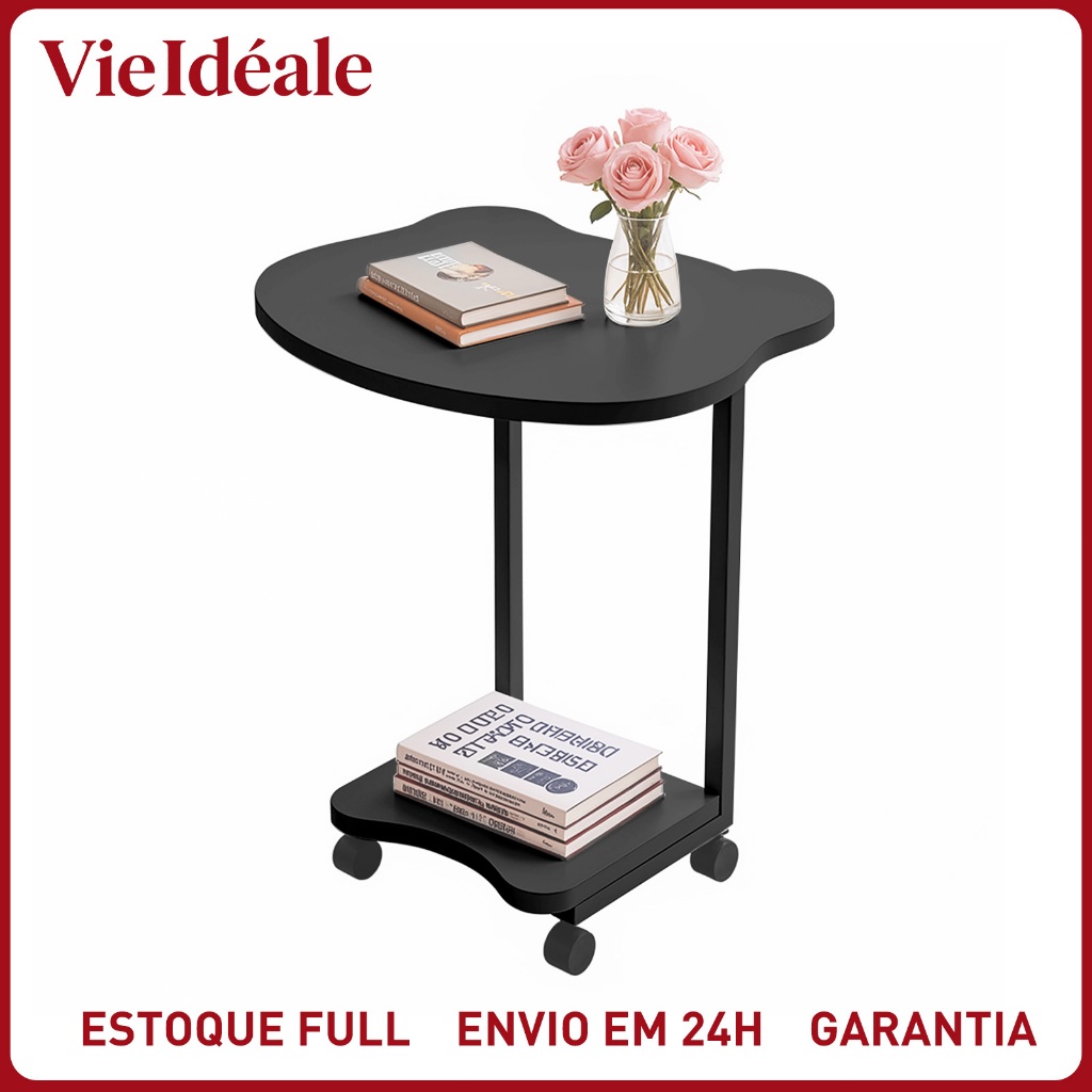 Mesa de Apoio Lateral Trevo com Rodinhas - 2 Níveis Moderna em Ferro para Notebook Sala e Cabeceira