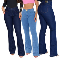 Calça Feminina Jeans Flare Cintura Alta Modelagem Levanta Bumbum Com Elastano