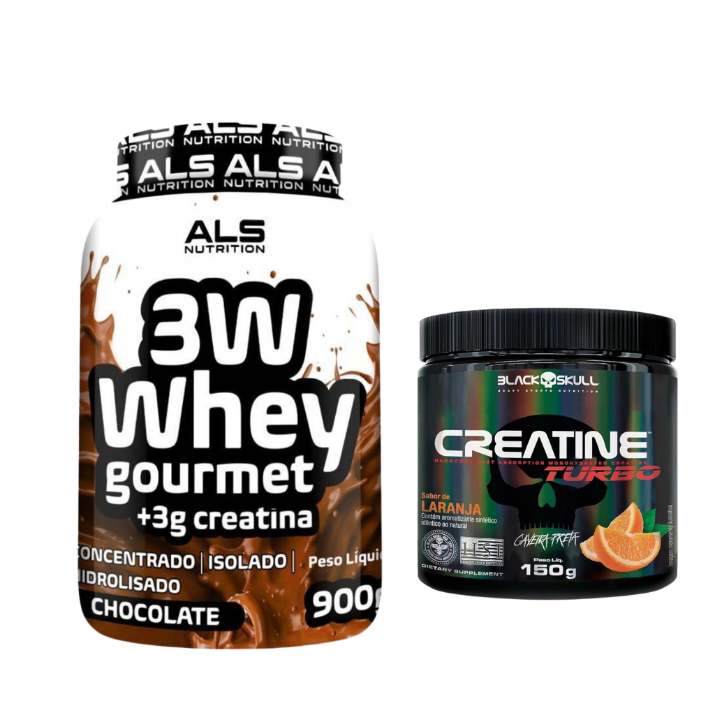 Kit Whey Protein 3W ALS Pote 900g + Creatina Pote 150g Uva Limão Laranja - Envio Aleatório