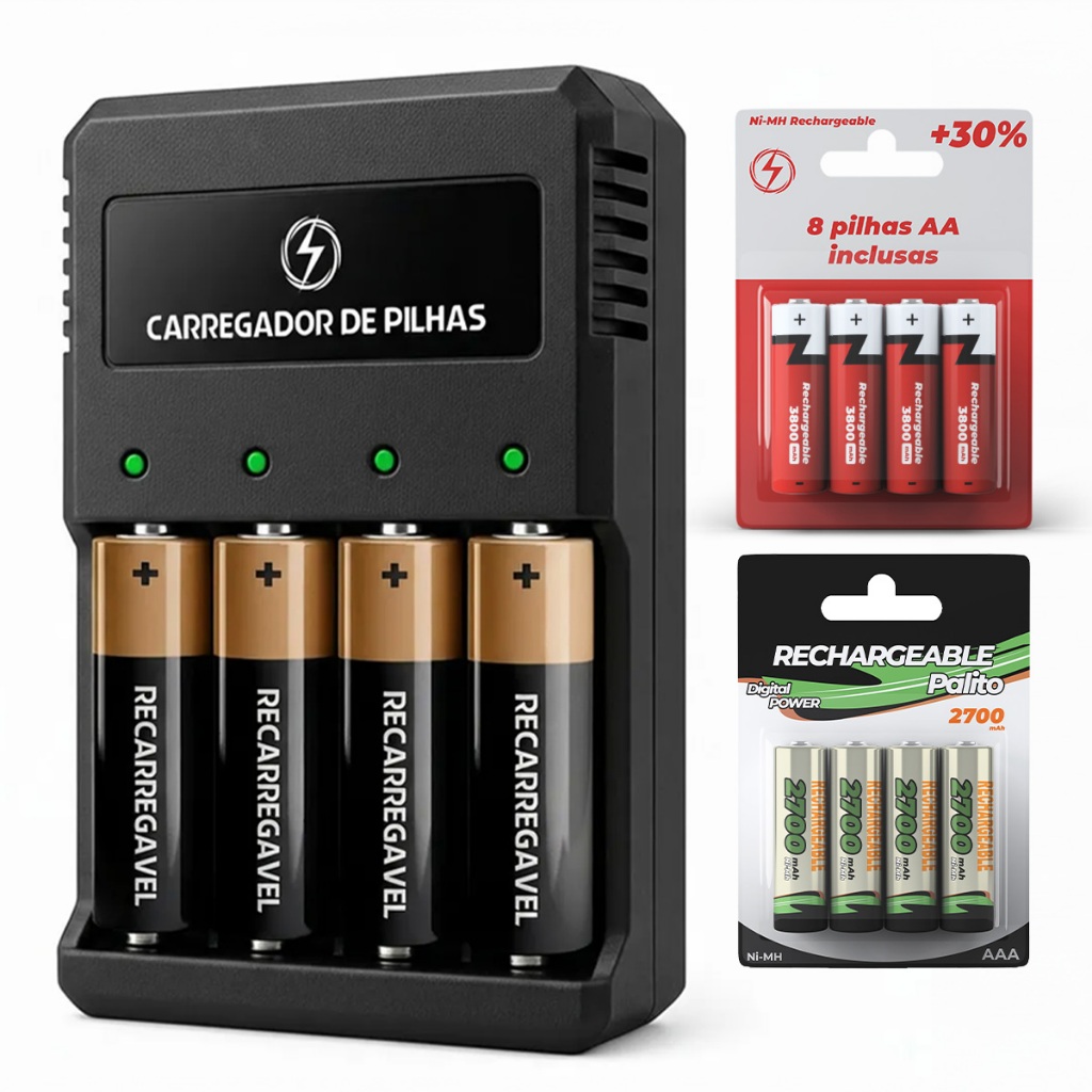 Carregador de Pilhas Recarregáveis Kit + 8 Baterias opcionais AA/AAA/Bateria 9V