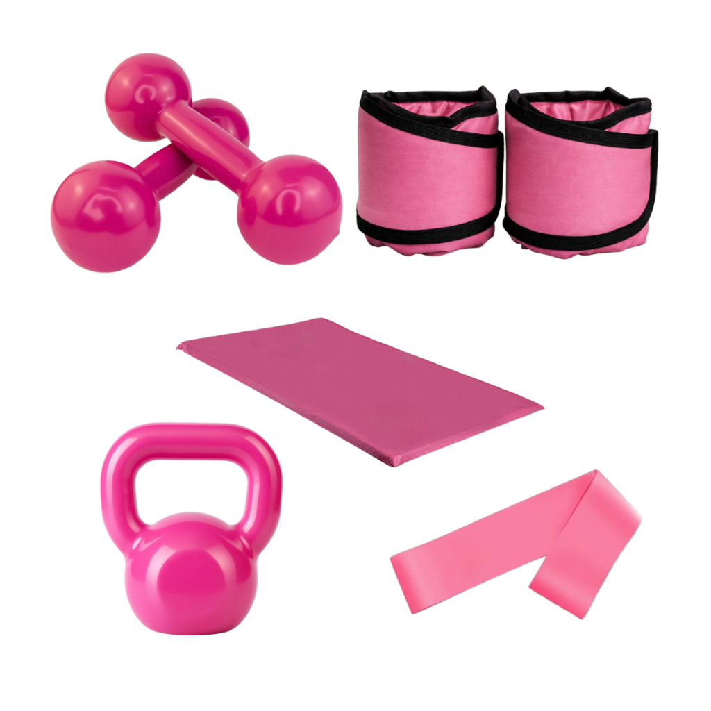Kit Aeróbico Par Halter 2KG + Par Caneleira 1KG + Kettlebell 6KG + Colchonete + Elástico Theraband