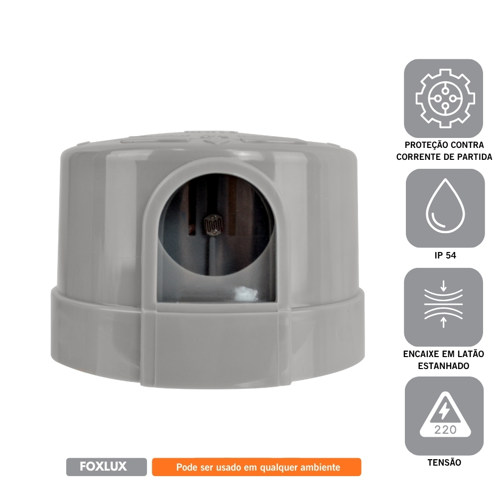 Relé Fotoelétrico 220V Cinza Foxlux Acionamento Automático de Luz ao Anoitecer Economia de Energia