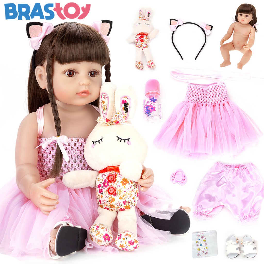 BRASTOY Bebê Reborn 55CM Boneca silicone Vestido Rosa Com Estampa De Coelho Para Menina