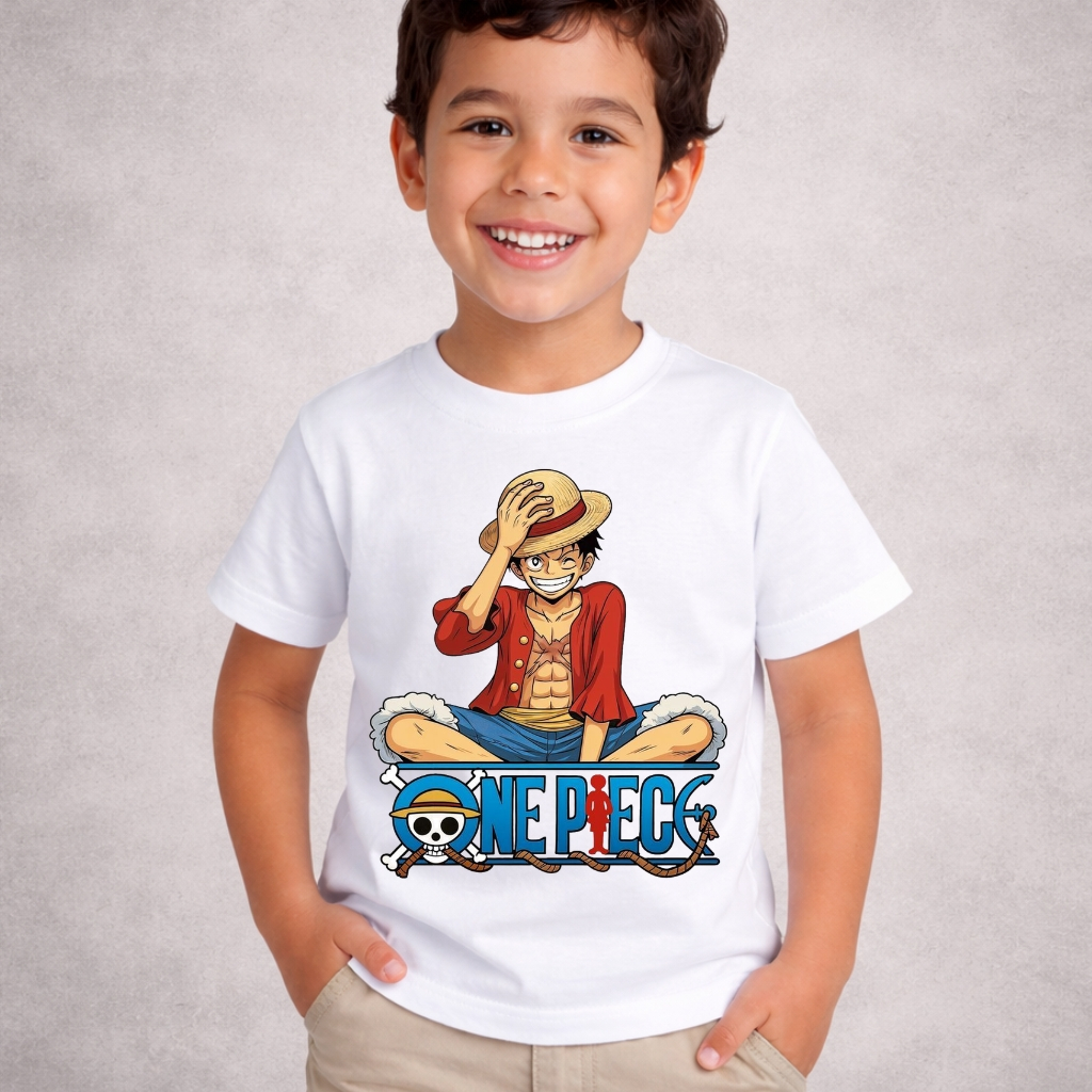 Camiseta Infantil Menino One Piece Pirata Chapéu de Palha Anime Manga Blusa Premium Juvenil Adulto