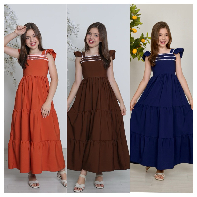 Vestido Longo 3 Marias liso Babadinho infantil juvenil menina rendado em Oferta na Shopee