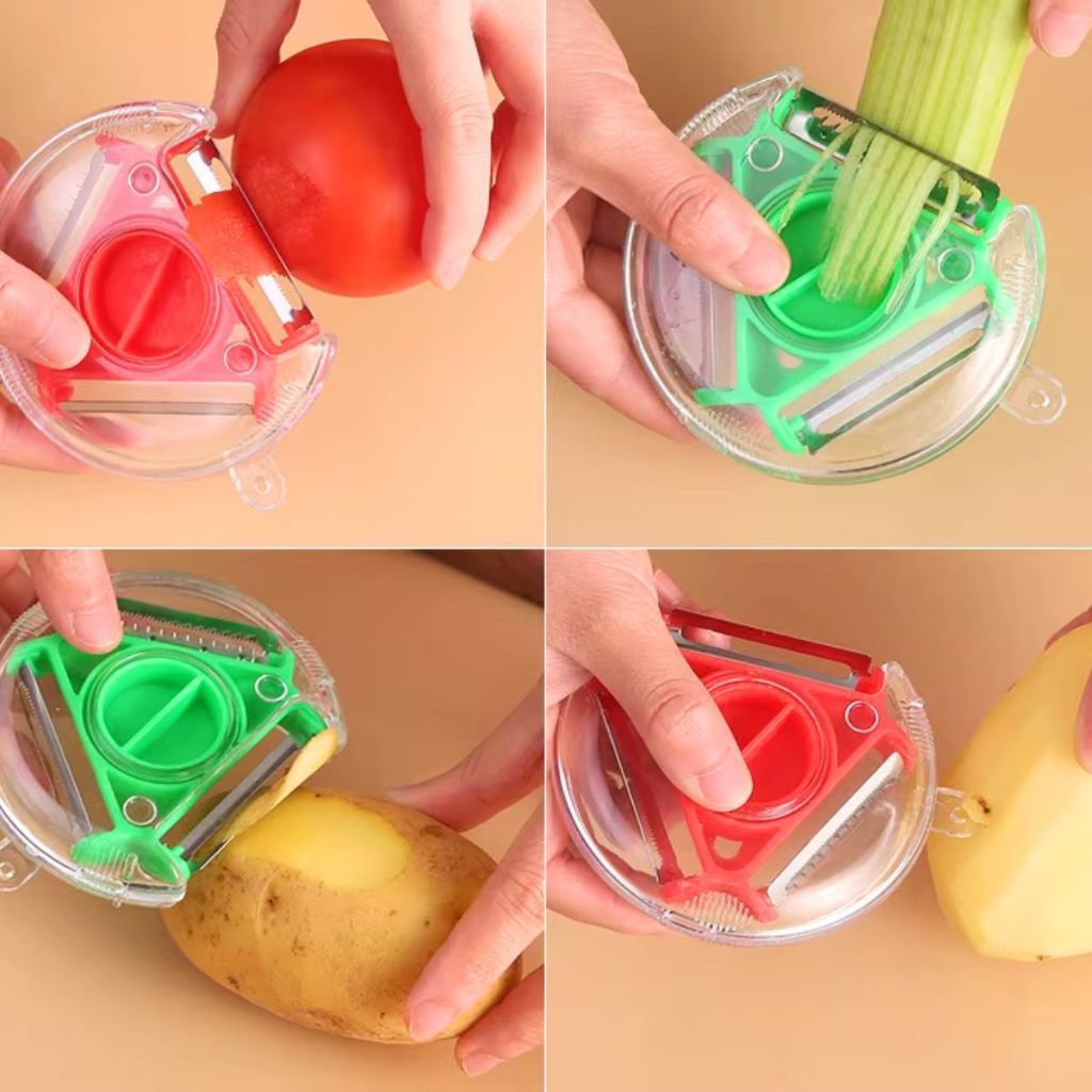 Descascador de Frutas e Legumes 3 Lâminas Descasca Batata Maçã 3 em 1 Multiuso 360º Inox