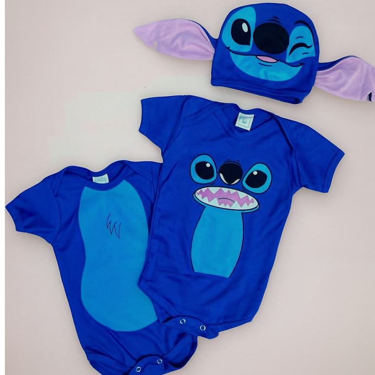 Body Bode Bebe Lillo Stitch Ou Angel Kit Mesversario com Touca