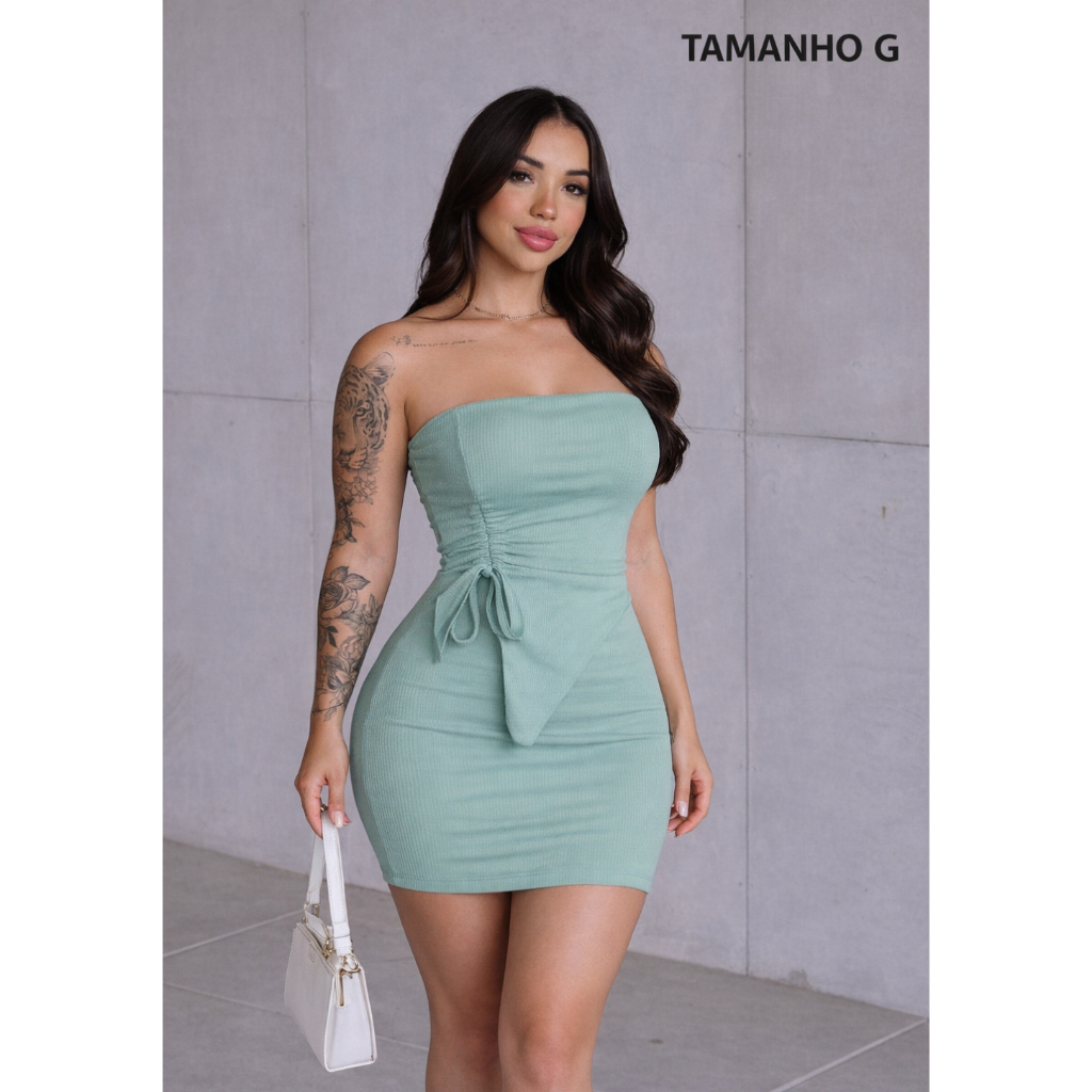 Conjunto Laura Top Tomara que Caia Franzindo na Lateral Saia Curta Cintura Alta