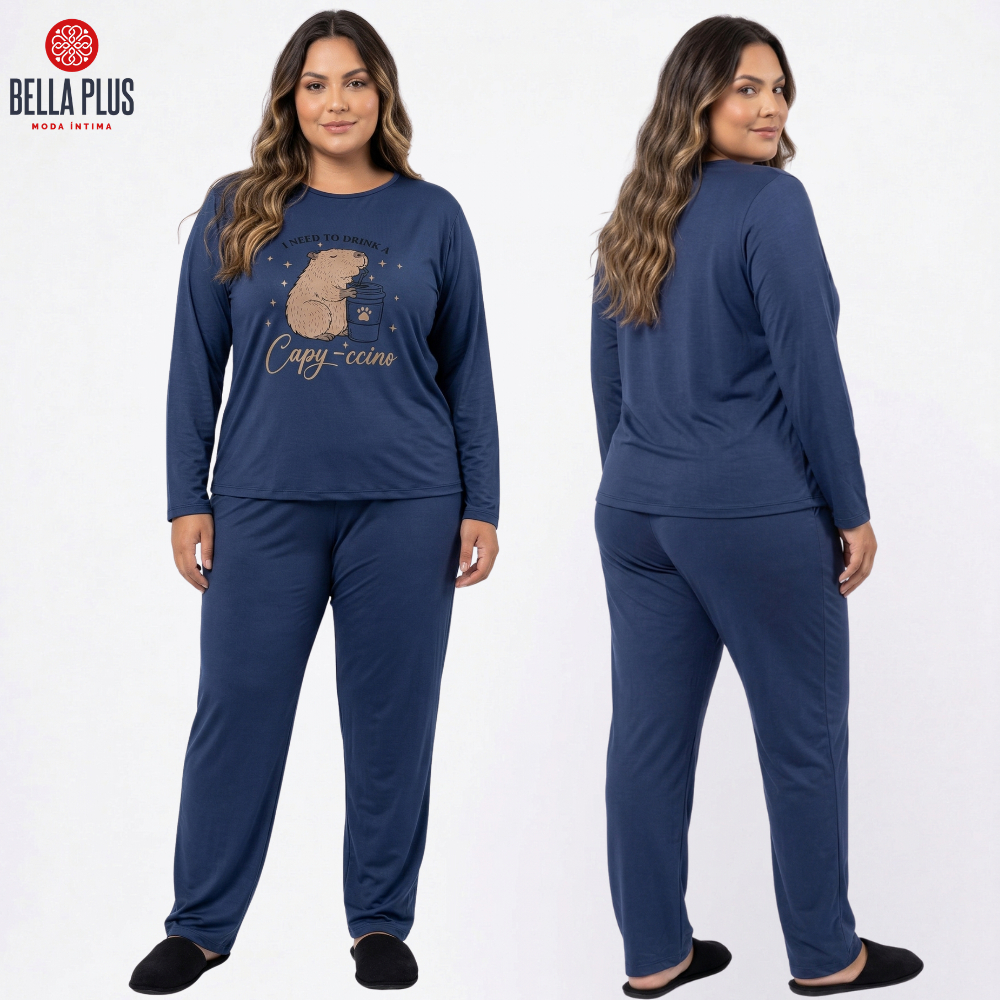 Pijama Plus Size Feminino Malha Premium Adulto Longo Confort Fechado Manga Comprida Inverno