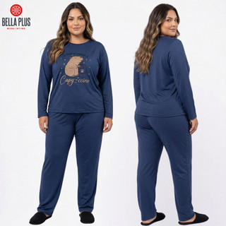 Pijama Plus Size Feminino Malha Premium Adulto Longo Confort Fechado Manga Comprida Inverno