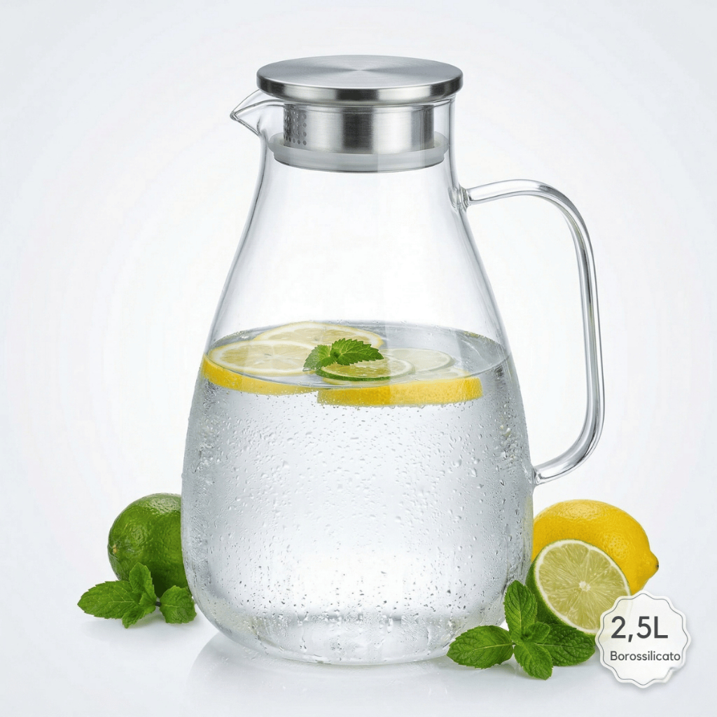 Jarra de Vidro Borossilicato 2500ML com Tampa Inox e Filtro Transparente Tamanho Familia