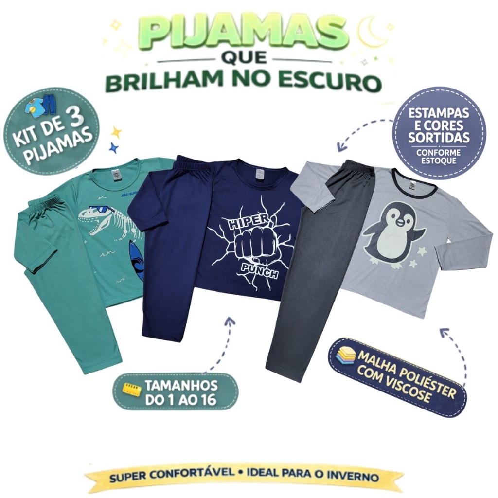 Kit 6 peças (3 conjuntos) Pijama Inverno Infantil Juvenil Menino Brilha no Escuro 1 ao 16