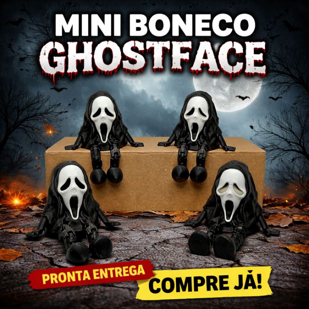 Mini Boneco Ghost face Pernas Articuladas – Boneco Ghost Face Articulado Decorativo – Setup Gamer