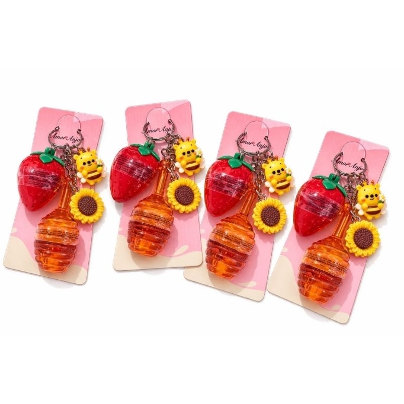 Lip Balm e Lip Honey Fofo com Chaveiro Abelha e Girassol | Balm Morango + Lip Honey | Presente Criativo e Cheiroso