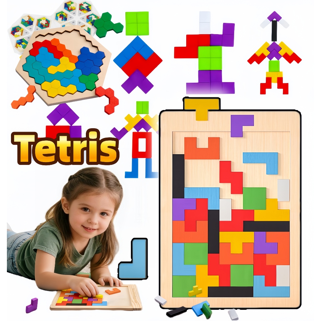 Quebra-Cabeça 3D Madeira Colorido Tetris Tangram Arco-Íris Montessori Brinquedo Educativo Presente Dia das Crianças