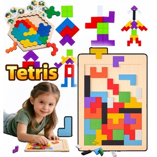 Quebra-Cabeça 3D Madeira Colorido Tetris Tangram Arco-Íris Montessori Brinquedo Educativo Presente Dia das Crianças