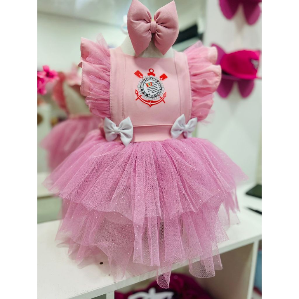 Conjunto Infantil Torcedora Rosa Luxo Menina com Tule Romper + Salopete Personalizado timao sao paulo palmeira