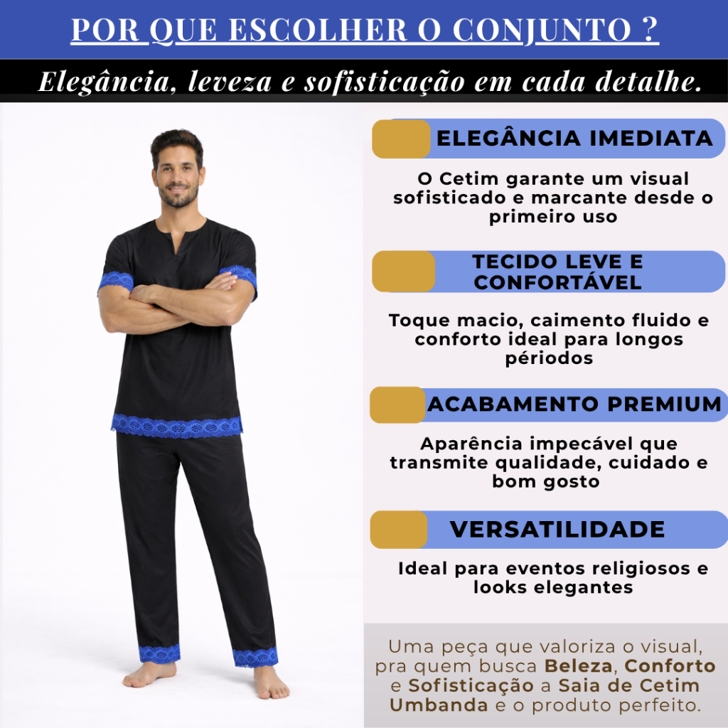 Conjunto Masculino Umbanda e Candomblé Bordado Azul Premium do P ao EGG — imagem 2 de 2