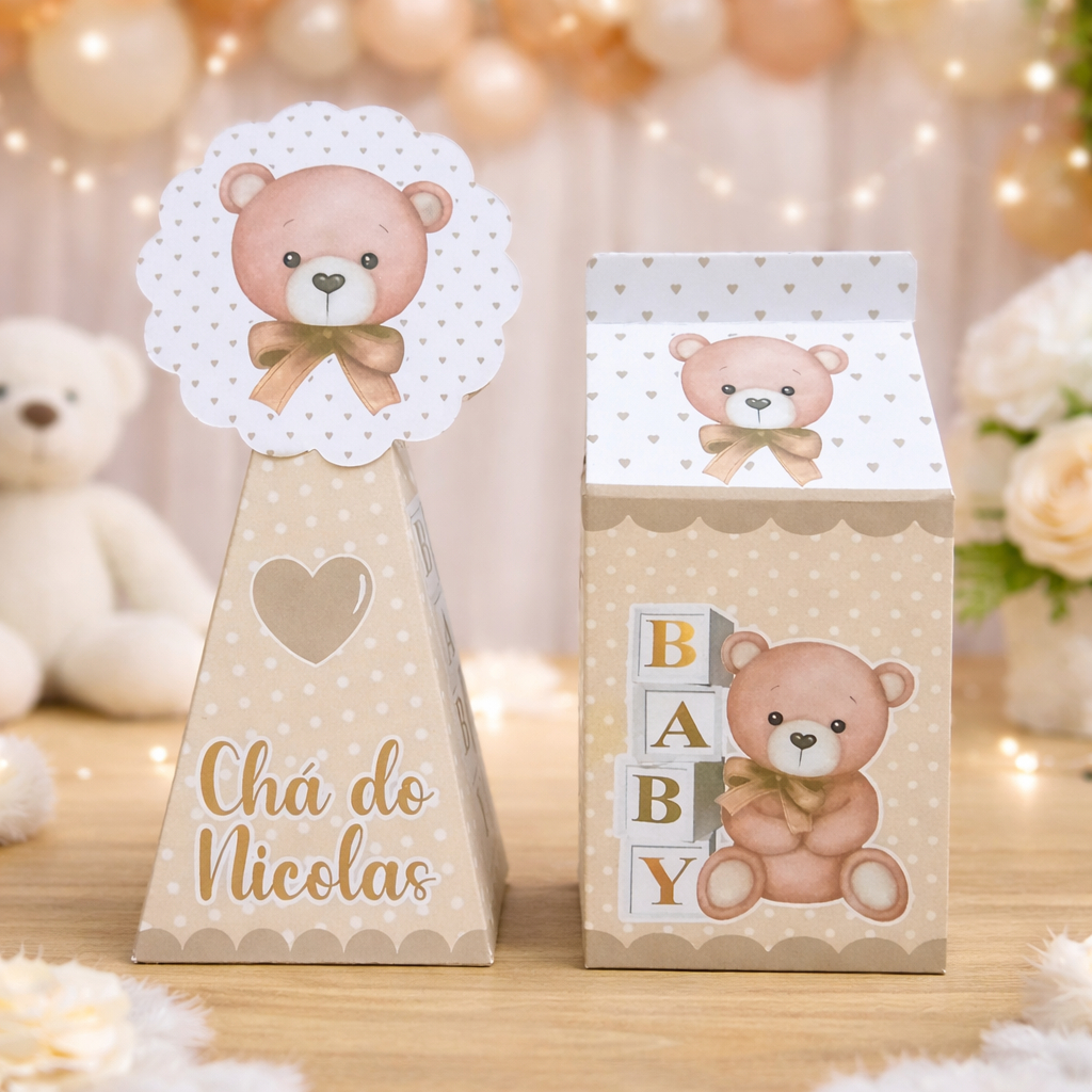 Kit Personalizado Ursinho Bege Neutro Chá de Bebê | Lembrancinhas Festa Infantil | Caixinhas