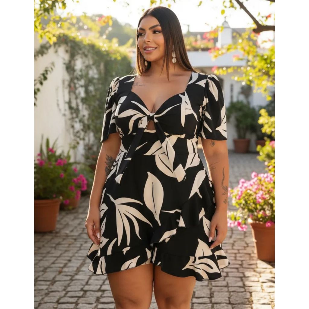 Macaquinho Plus Size Vestido Short Saia Macacão Manga Curta Duna Decote V com Laço e Babado Elegante