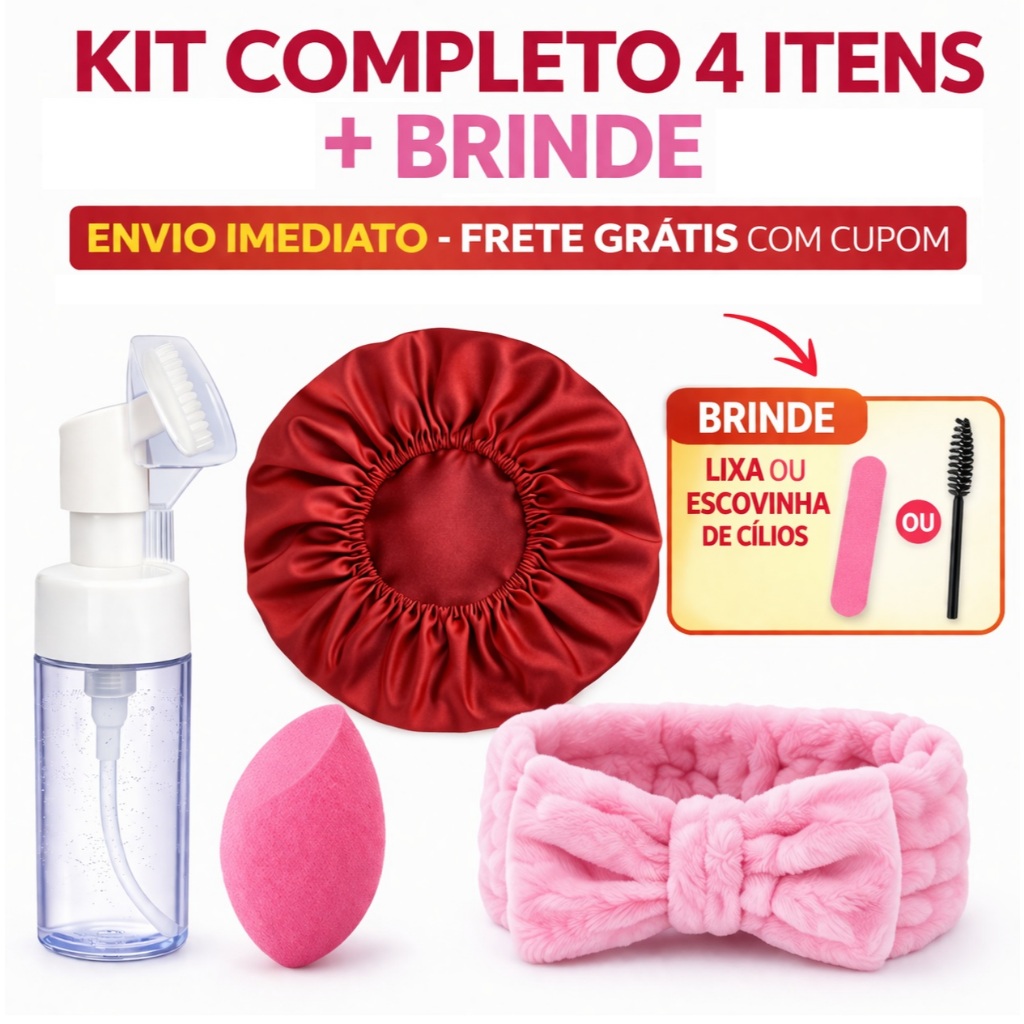 Kit Acessórios de Skincare Completo Pump Espumador com Escova 180ML+Esponja Chanfrada+Touca Cetim+Faixa laço+ BRINDE