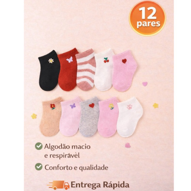 Kit 3 a 12 Pares De Meias Recém-Nascidos MENINA Algodão em Oferta na Shopee